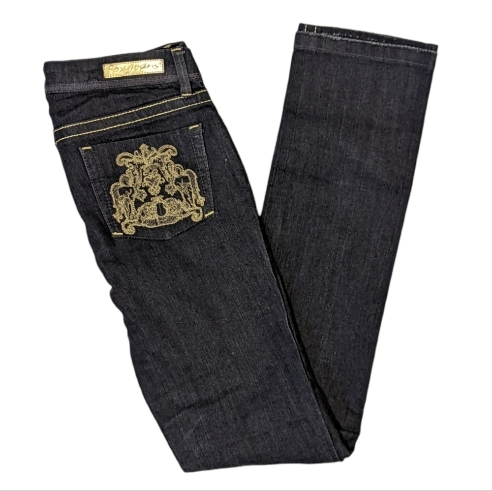 Foxy Jeans Y2K Straight Leg Jeans sz 5 / 26-27 Gold Embroidered Back Pockets